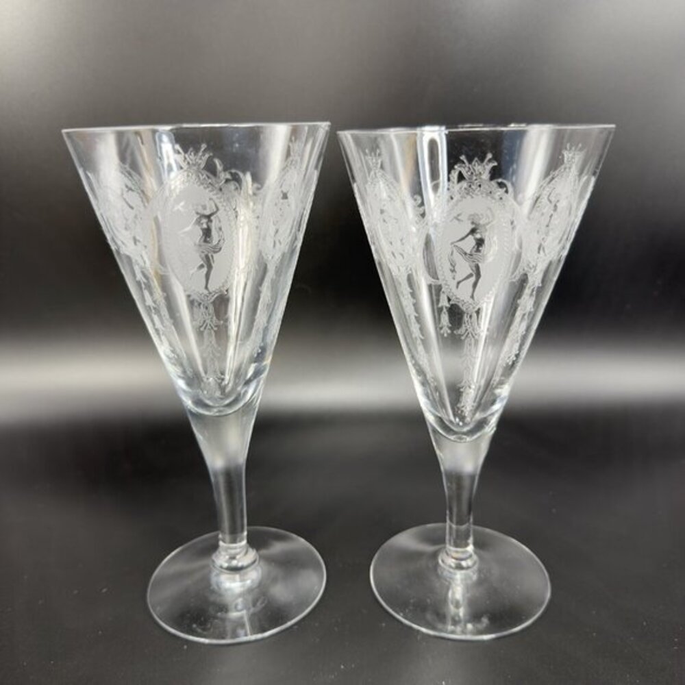 Tiffin Franciscan Classic Shawl Dancer Cameo Etched Nude Dancer Cups Set 2 Clear